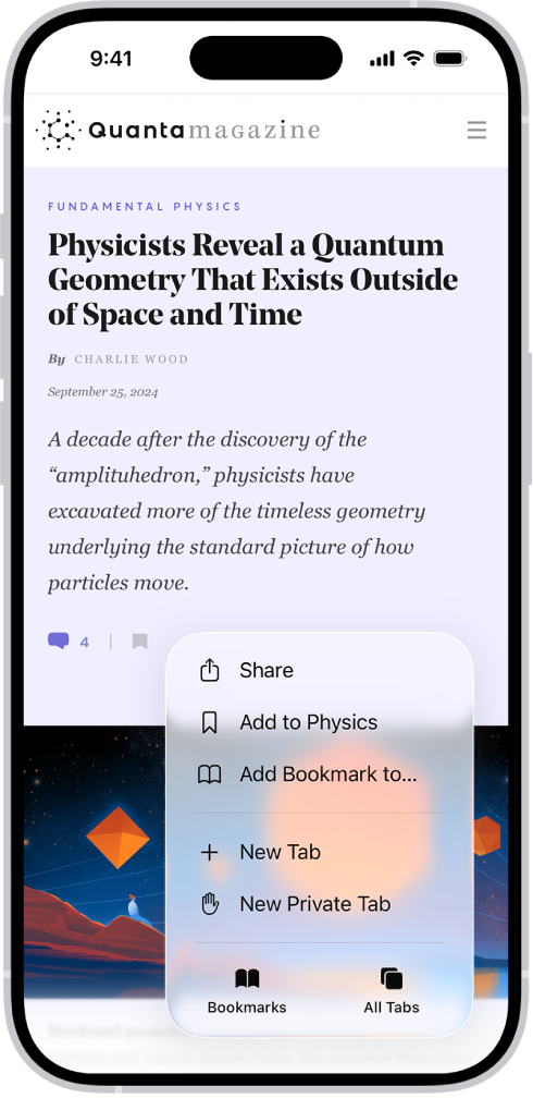 Der Bildschirm „Lesezeichen“ wird angezeigt, mit Optionen zum Ansehen deiner Lesezeichen, der Leseliste und deines Verlaufs.
