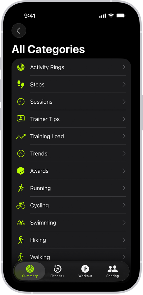 Der Bildschirm „Fitness“ mit einer Liste von Fitnesskategorien.