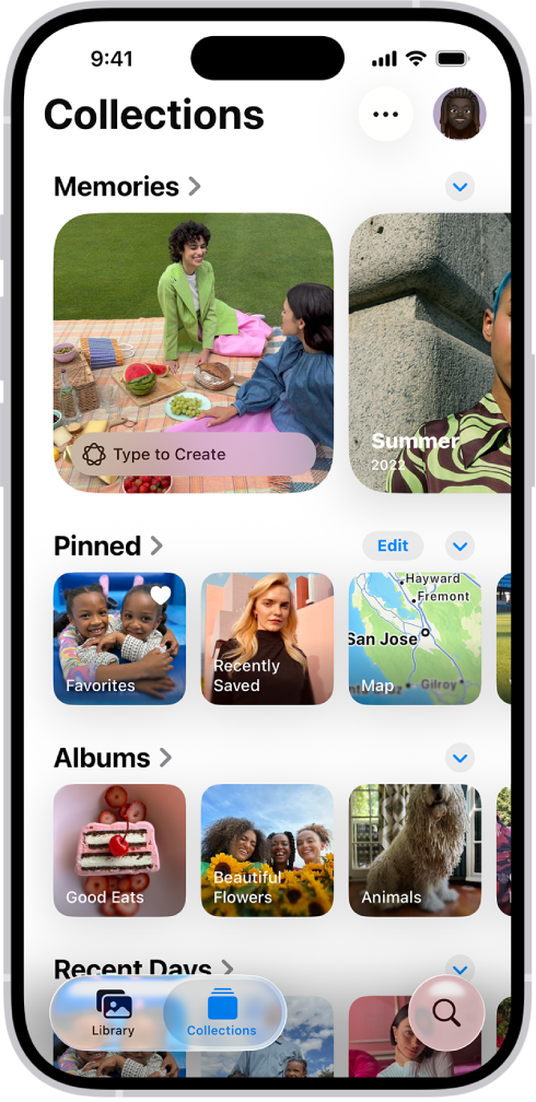 Die App „Fotos“ ist geöffnet und die Taste „Sammlungen“ ist unten auf dem Bildschirm ausgewählt. Auf dem Bildschirm befinden sich von oben nach unten die folgenden Sammlungen: „Rückblicke“, „Angepinnt“, „Alben“ und „Letzte Tage“.