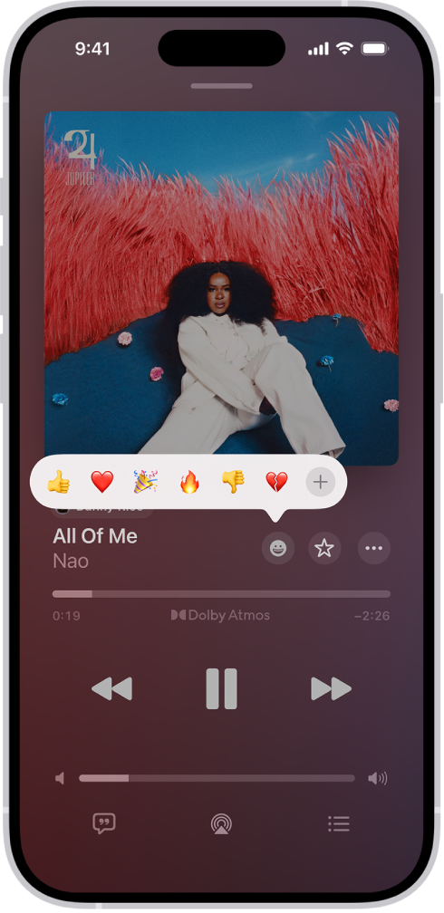 Η οθόνη «Παίζει τώρα» με το κουμπί «Αντιδράσεις» που εμφανίζει πολλά emoji και ένα κουμπί «Προσθήκη» στο οποίο μπορείτε να κάνετε κλικ για να βρείτε περισσότερα emoji.