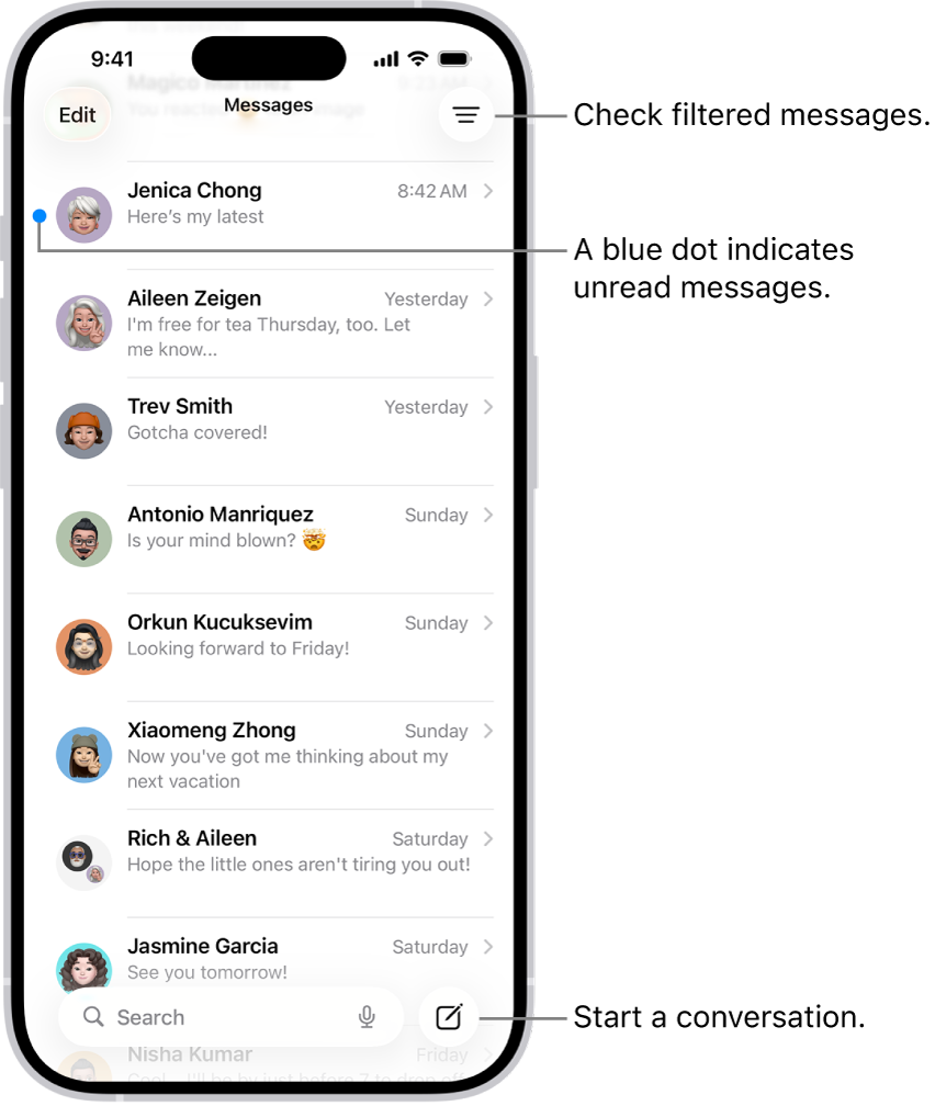 The Messages conversation list, with the Compose button at the bottom right. A blue dot to the left of a message indicates it’s unread.