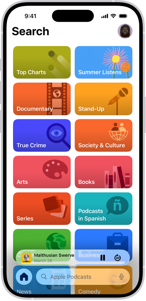 The Search tab in the Podcasts app, showing podcast categories. Toward the bottom of the screen is the MiniPlayer. Below that are the Home, New, Library, and Search buttons.