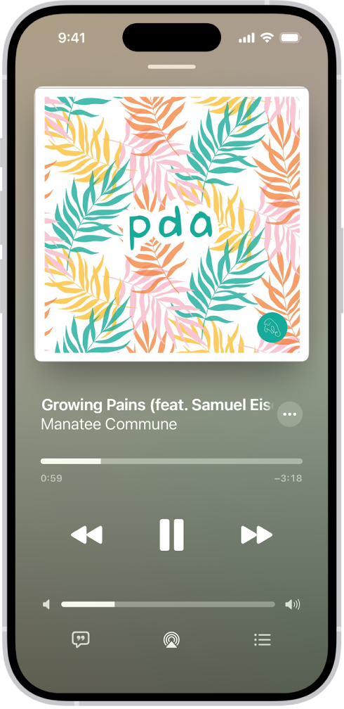 The Lock Screen showing an album cover and below it the controls for music playing on a remote device.