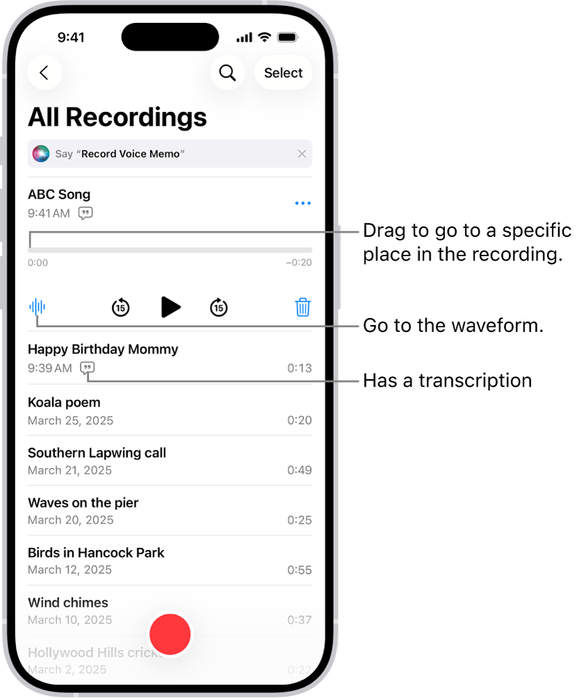 The Voice Memos list screen with a selected recording at the top. The recording timeline has a playhead, which you can drag to go to a specific place in the recording. The play controls are below the timeline.