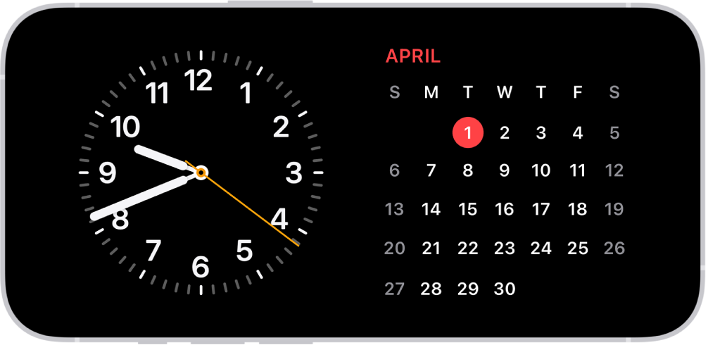iPhone in Standby mode in low ambient light, displaying Clock and Calendar widgets.