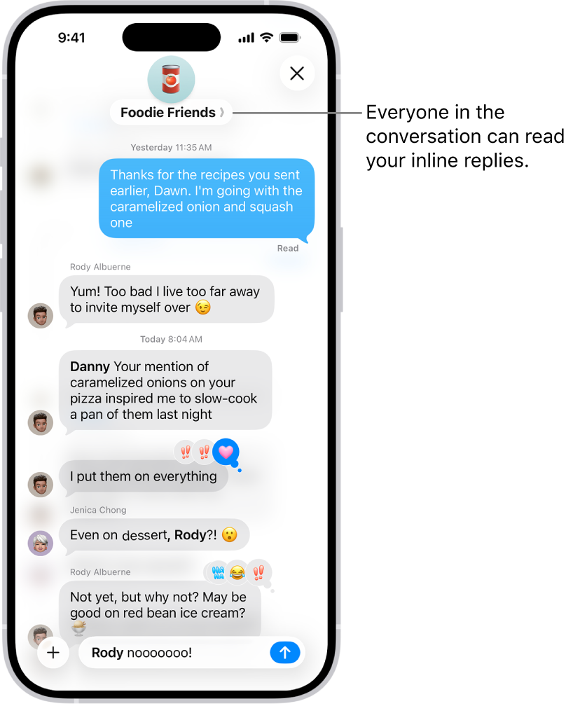 Composing an inline reply in a group conversation in Messages. Another person in the conversation is mentioned, so their name appears in bold.