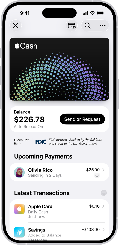 The Apple Cash card in Wallet, showing the More button at the top right, the current balance and the Send or Request button in the middle, and the latest transactions at the bottom.