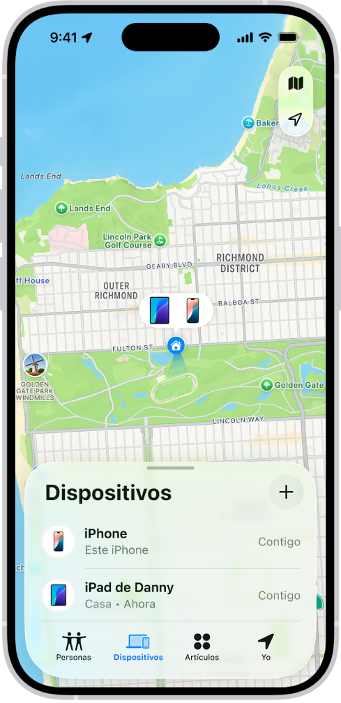 La pantalla de Encontrar mostrando dos dispositivos en casa.