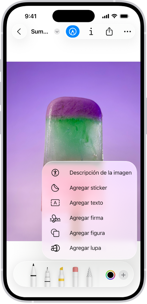 Una imagen abierta en la app Vista Previa. Un menú muestra las opciones que se pueden agregar a él, como stickers y texto. Los botones Marcado, Información, Compartir y Más aparecen en la parte superior de la pantalla, y las herramientas de anotación aparecen en la parte inferior de la pantalla.