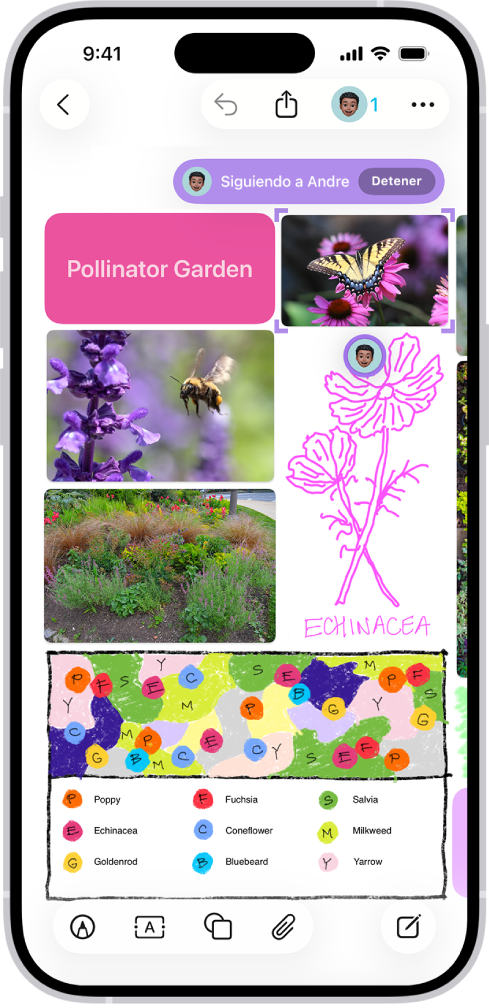 Un iPhone con la app Freeform abierta. El pizarrón incluye escritura a mano, texto, dibujos, figuras, fotos, videos, notas adhesivas, enlaces y otros archivos.