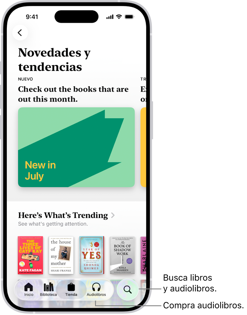 La pestaña Tienda de la app Libros. En la parte inferior de la pantalla, de izquierda a derecha, se encuentran las pestañas Inicio, Biblioteca, Tienda, Audiolibros y Buscar. La pestaña Tienda está seleccionada.