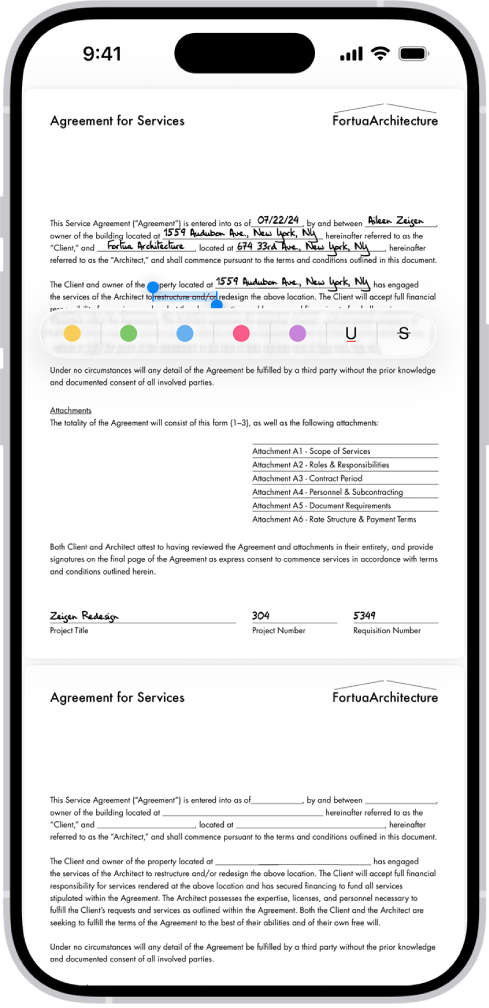 Un contrato de servicio PDF en la app Vista Previa con texto resaltado y tachado. Los botones Resaltar, Subrayar y Tachar se muestran debajo del texto.