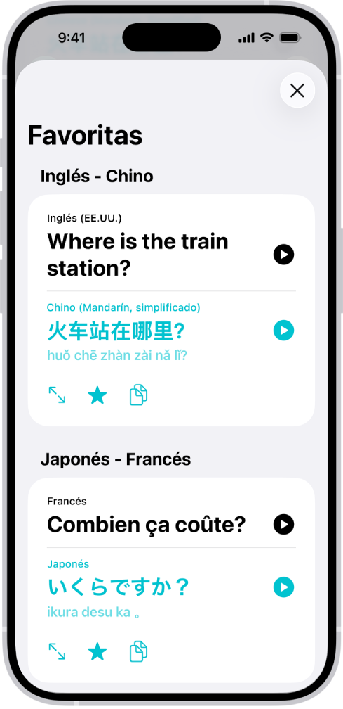La pestaña Favoritos mostrando las frases guardadas traducidas del inglés al chino y del francés al japonés.