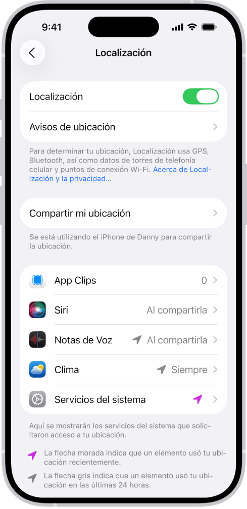 La pantalla Localización con la configuración para compartir la ubicación de tu iPhone con las apps.