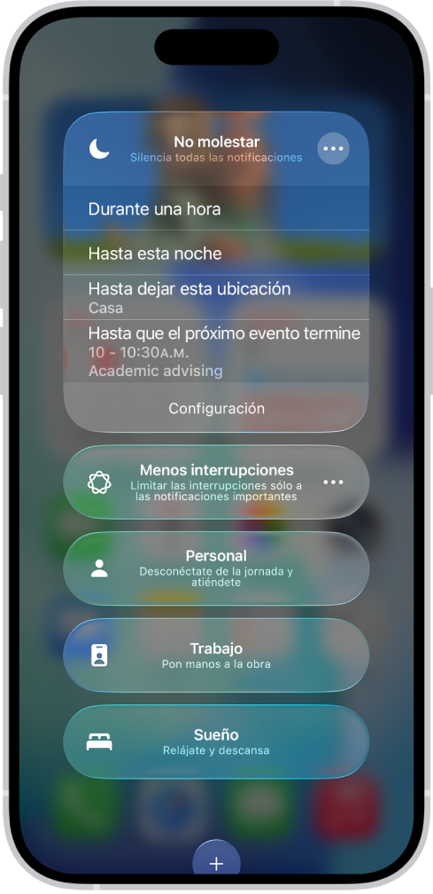 La pantalla para seleccionar por cuánto tiempo se activa No molestar; las opciones son Durante 1 hora, Hasta esta noche y Hasta dejar esta ubicación.