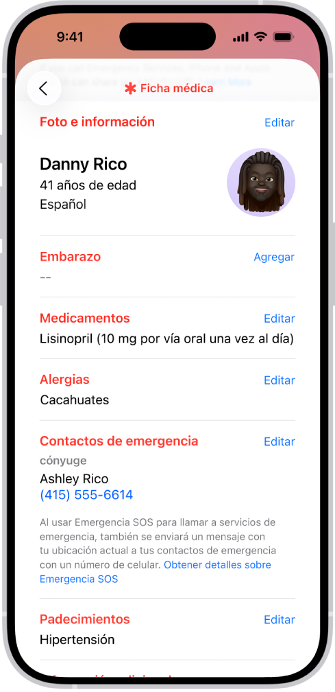 Pantalla de la ficha médica que contiene información como la fecha de nacimiento, medicamentos, alergias, contactos de emergencia y padecimientos médicos.