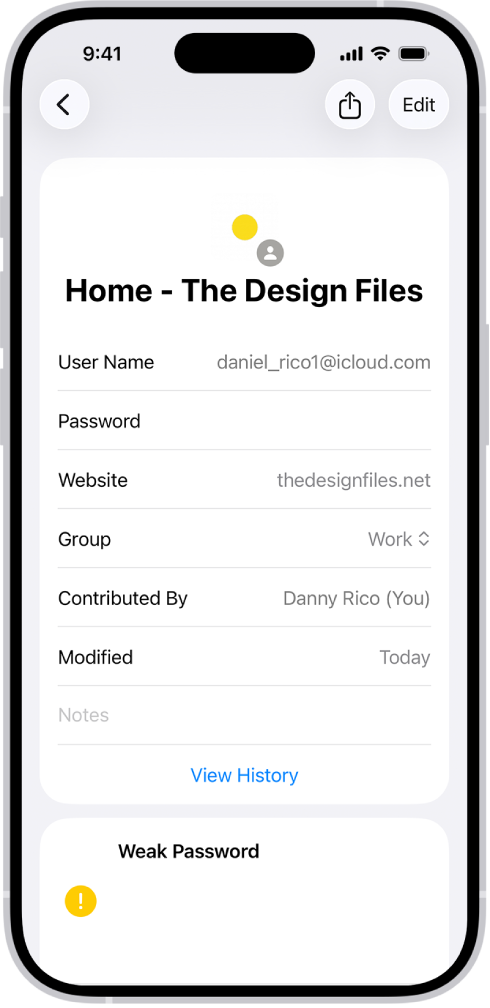 Una lista de todas las cuentas con las contraseñas almacenadas en la app Contraseñas.