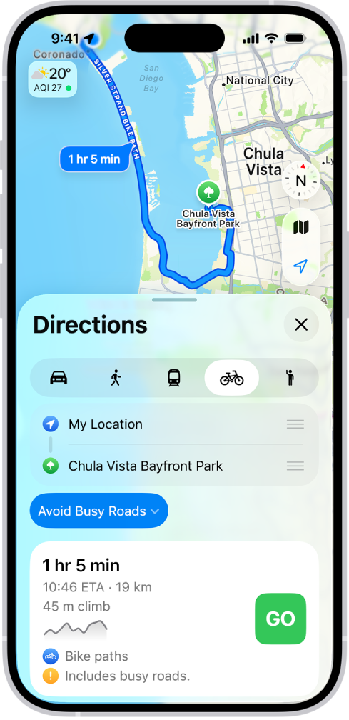 Mapa con opciones de rutas en bici. La tarjeta de ruta en la parte inferior proporciona detalles como los tiempos de desplazamiento estimados, los cambios de desnivel y los tipos de carretera. A la derecha de los detalles se muestra un botón Ir.