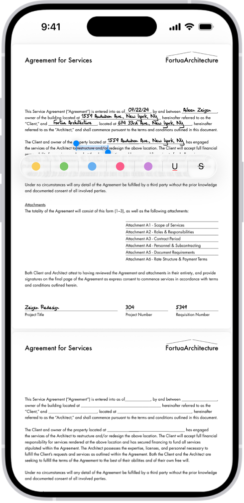Un contrato de servicio en PDF en la app Vista Previa con texto resaltado y tachado. Los botones Resaltar, Subrayar y Tachar se muestran debajo del texto.