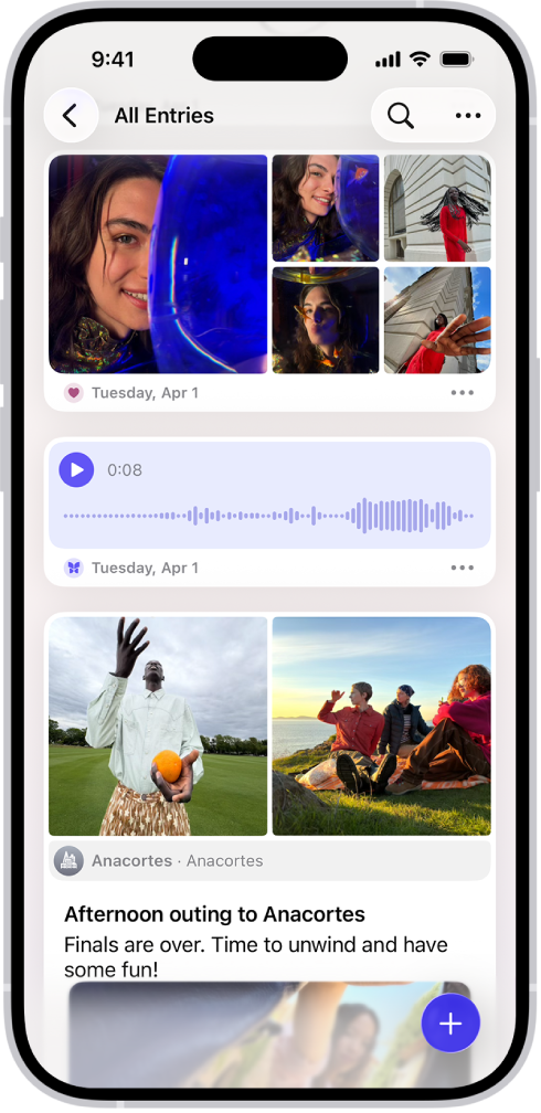 Rakenduse Journal kuvas on päevikukirjed koos nupuga Search üleval paremal.