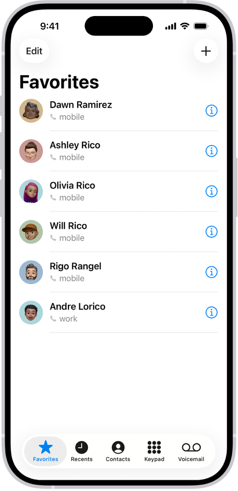 Rakenduse Contacts kuva Favorites; lemmikuna on märgitud kuus kontakti.