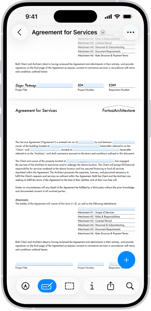 Esikatselu-apissa näkyy PDF-lomake, jossa on täytettäviä kenttiä korostettuina. Näytön alareunassa näkyvät Lisää merkintä-, Merkintä-, Automaattinen täyttö-, Rajaa-, Tiedot-, Jaa- ja Haku-painikkeet. Valittuna on Automaattinen täyttö ‑painike.