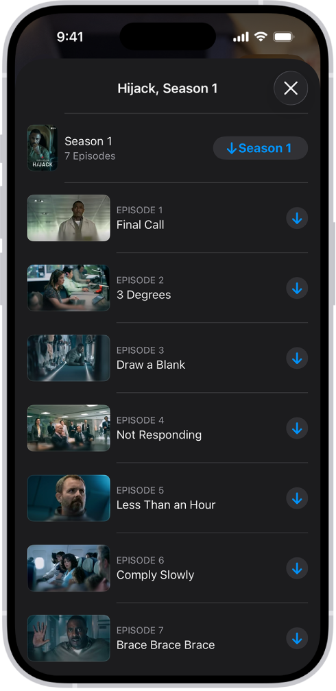Apple TV ‑välilehti, jossa näkyy Apple Originals ‑ohjelman jaksojen luettelo. Näytön oikeassa reunassa ovat painikkeet koko kauden ja kunkin jakson lataamiseen.