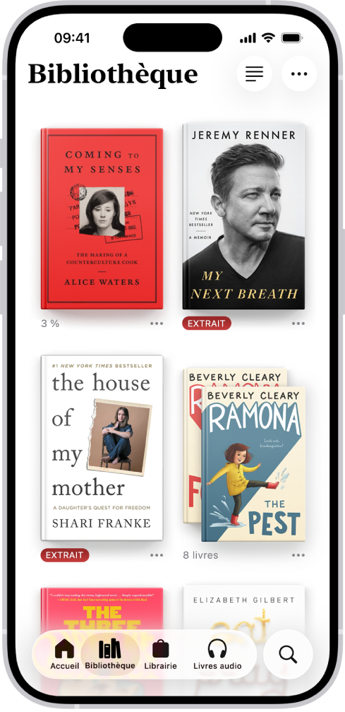 L’écran Bibliothèque dans l’app Livres. En haut de l’écran se trouve le bouton Collections. Au milieu de l’écran se trouvent les couvertures des livres. En bas de l’écran se trouvent, de gauche à droite, les onglets Accueil, Bibliothèque, Librairie, Livres audio et Rechercher. L’onglet Bibliothèque est sélectionné.