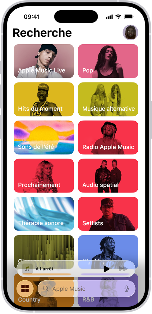 L’onglet Recherche, avec le champ de recherche en haut. Plusieurs catégories musicales s’affichent en dessous, comme Hits du moment et Thérapie sonore.