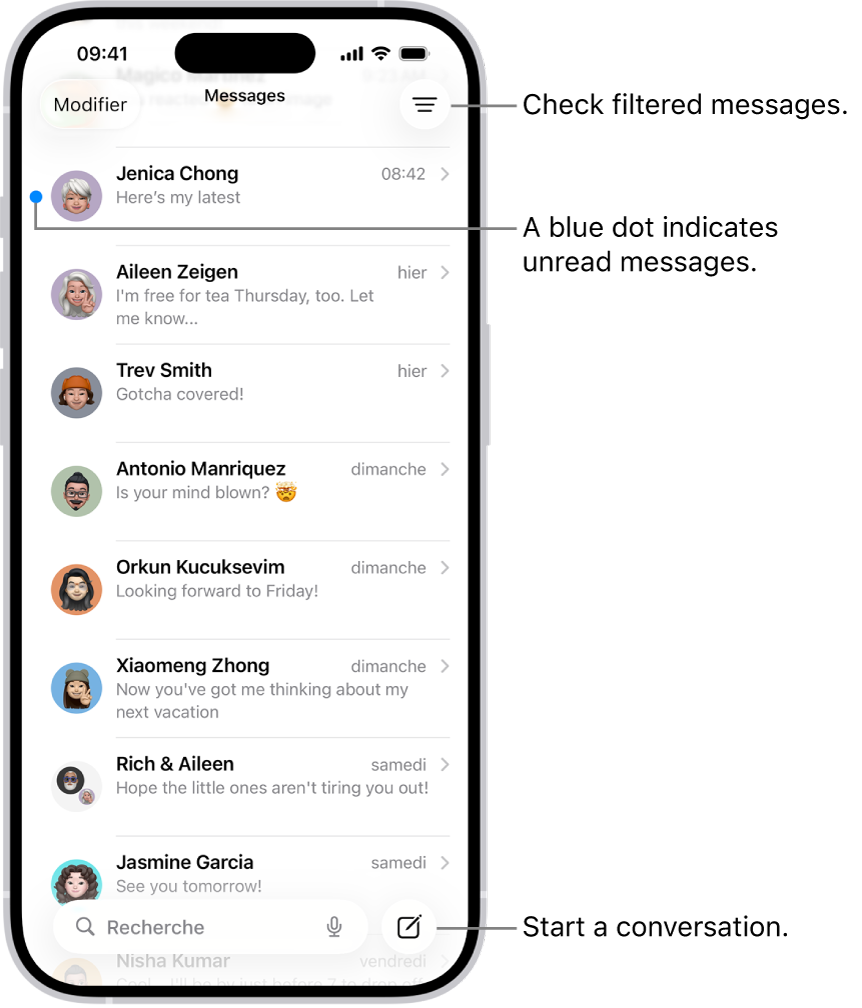 La liste des conversations de Messages, avec le bouton Rédiger en bas à droite. Le point bleu situé à gauche d’un message indique que ce dernier n’a pas été lu.