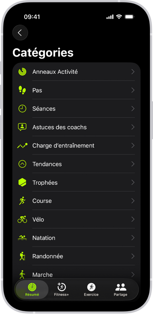 L’écran Forme affichant une liste de catégories de forme physique.