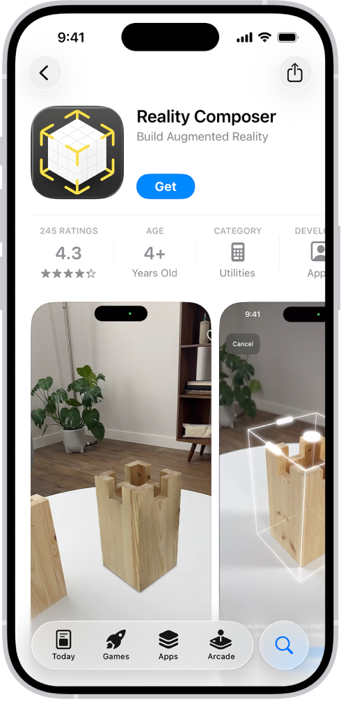 דף המידע עבור יישום ב‑App Store. הדף מציג את הכפתור ״הורדה״, דירוגים, דירוגי גיל, המפתחים, צילומי מסך ועוד. בתחתית, משמאל לימין, נמצאים הכפתורים הבאים: ״היום״, ״משחקים״, ״יישומים״, Arcade ו‑״חיפוש״.
