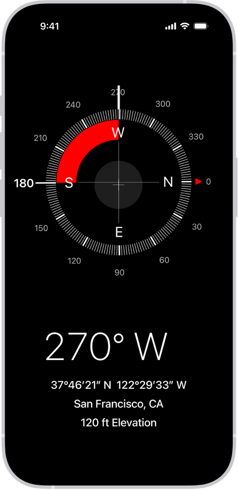 המסך של ״מצפן״, מציג את הכיוון שאליו ה‑iPhone שלך מצביע, את מיקומך הנוכחי ואת קו הגובה במיקום זה.