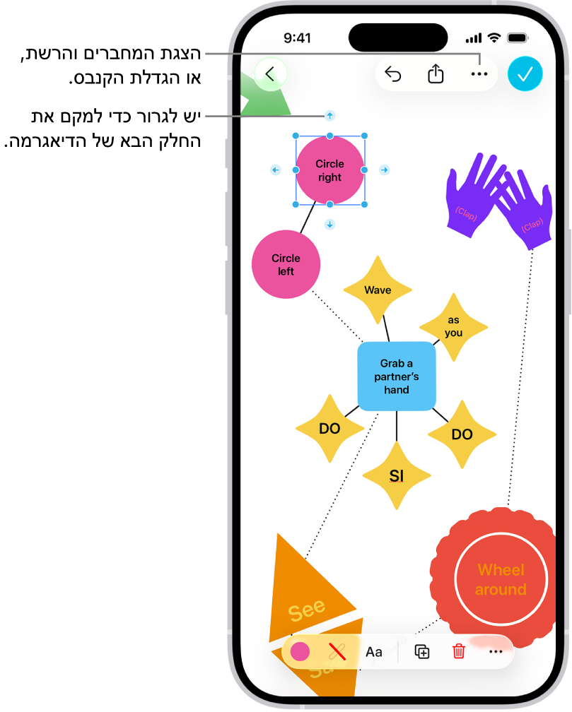 דיאגרמה בלוח Freeform עם מחברים שמוצגים על צורה שנבחרה, וכלי עיצוב הצורות גלויים בתחתית המסך.