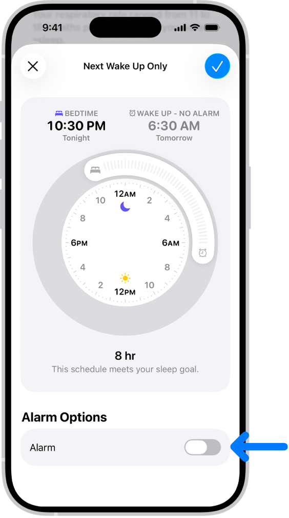 Zaslon Samo sljedeće buđenje u aplikaciji Zdravlje s isključenim Alarmom pri dnu.