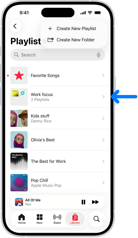 Kartica Medijateka prikazuje popis reprodukcijskih lista. Pri vrhu se nalaze tipke za izradu nove reprodukcijske liste ili izradu nove mape. Plava strelica pokazuje na mapu reprodukcijske liste naziva Fokus rada.