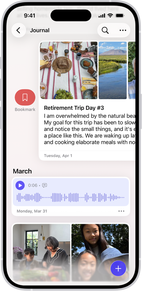A Napló app egy képernyője naplóbejegyzésekkel. Az egyik bejegyzés jobbra van legyintve, és megjelenik a Könyvjelző gomb.