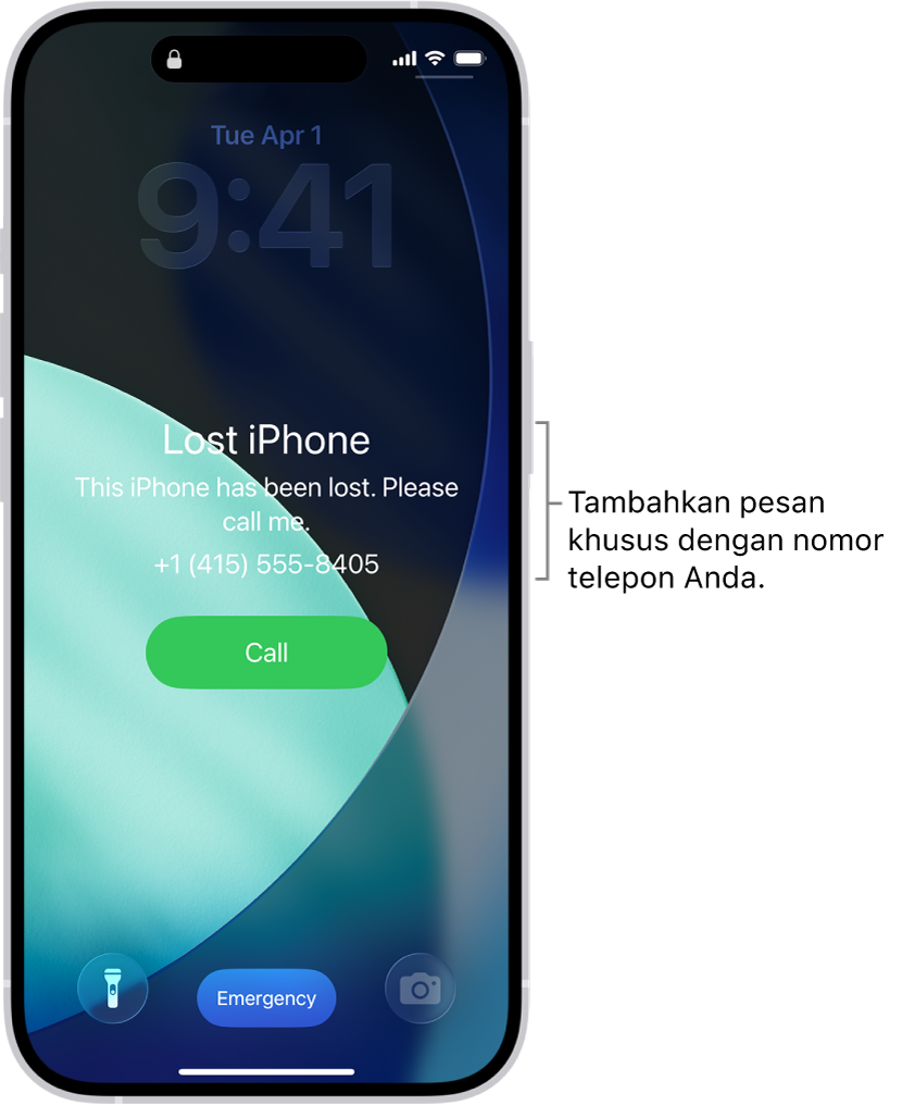 Layar Terkunci iPhone dengan pesan iPhone hilang. Anda dapat menambahkan pesan khusus dengan nomor telepon Anda.