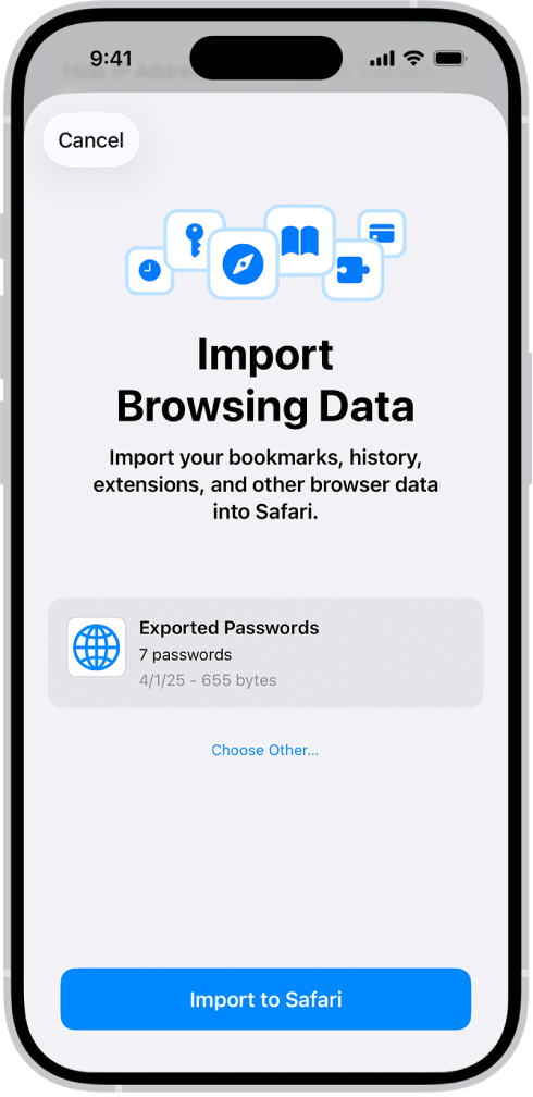 Layar Impor Data Penelusuran, yang menampilkan file CSV kata sandi dari pengelola kata sandi lain yang akan diimpor.