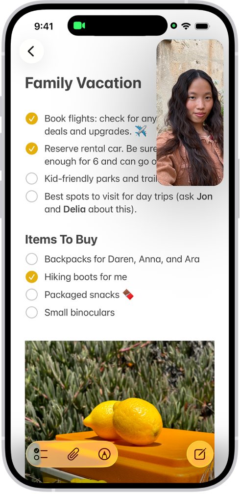 Percakapan FaceTime sedang berlangsung, saat catatan mengenai dekorasi dapur mengisi sisa layar.