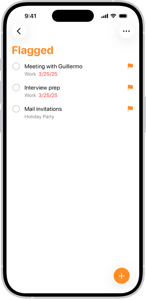 L’elenco smart Contrassegnati nell’app Promemoria, in cui vengono automaticamente raggruppati tutti i promemoria contrassegnati, in modo da creare un elenco consolidato e completo.