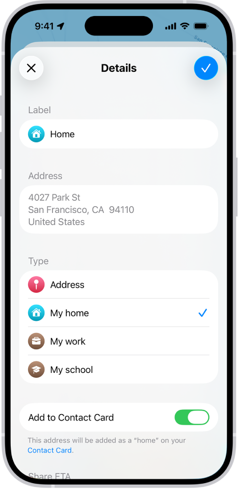 La schermata Dettagli sull’app Mappe, con le diverse opzioni per impostare un indirizzo di casa, del lavoro o della scuola.