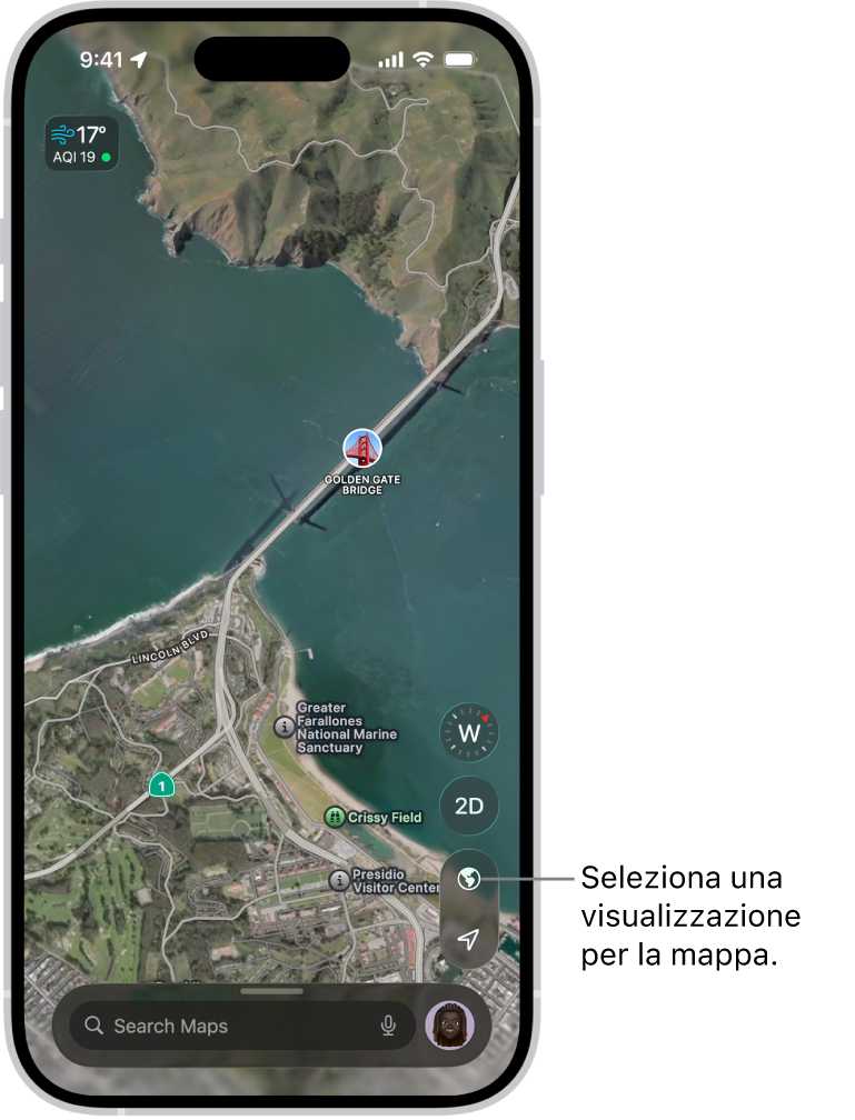 La mappa di una strada e di un parco in 3D con alberi, punti di interesse e luoghi come i bagni pubblici.