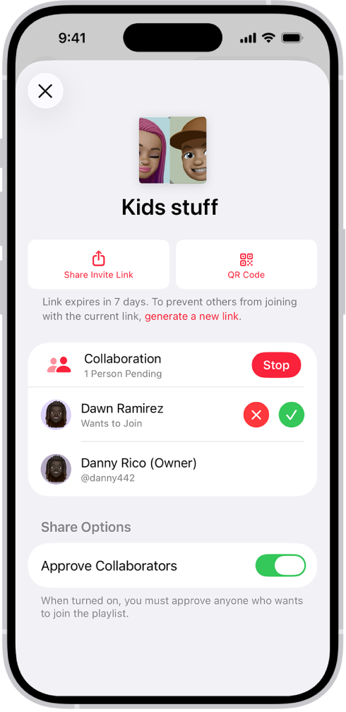 La schermata di gestione della collaborazione nell’app Musica.