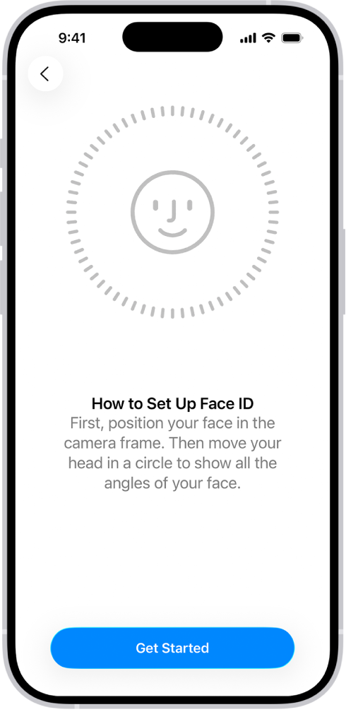 La schermata di configurazione del riconoscimento di Face ID. Sullo schermo è visibile un volto, circondato da un cerchio. Il testo sotto di esso indica all’utente di muovere la testa lentamente per completare un cerchio.