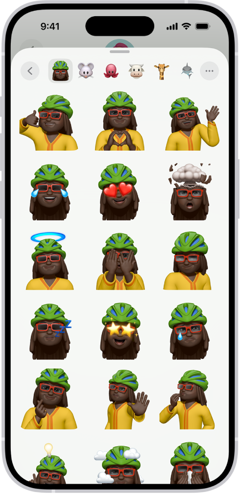 Un menu si apre in una conversazione di Messaggi e mostra una Memoji in diverse pose.