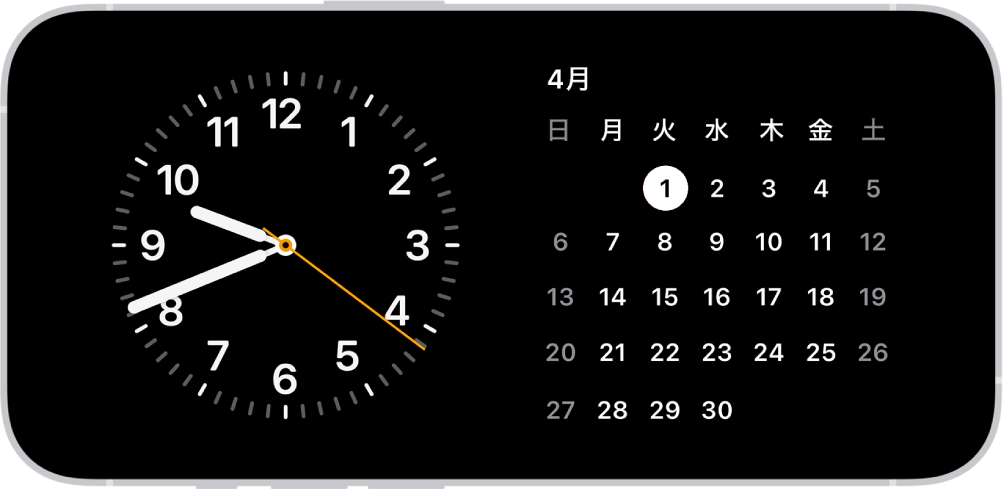 スタンバイモードのiPhone。周囲が薄暗いところで時計ウィジェットとカレンダーウィジェットが表示されています。