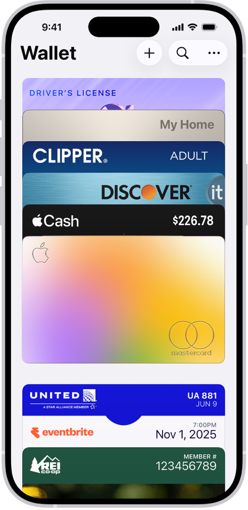 여러 개의 카드 및 패스를 보여주는 지갑 화면.