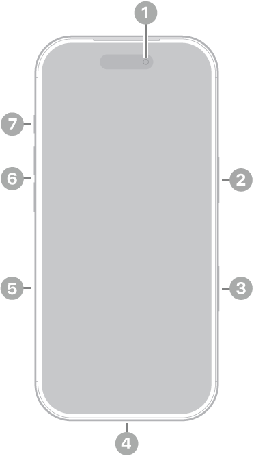iPhone 17 Pro의 전면. 상단 중앙에 전면 카메라가 있음. 오른쪽에 측면 버튼이 있음. 하단에 USB-C 커넥터가 있음. 왼쪽에는 아래에서 위로 SIM 트레이, 음량 버튼 및 동작 버튼이 있음.