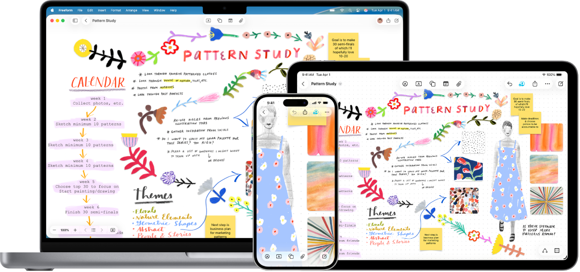 동일한 Freeform 보드가 열려 있는 Mac, iPad 및 iPhone.
